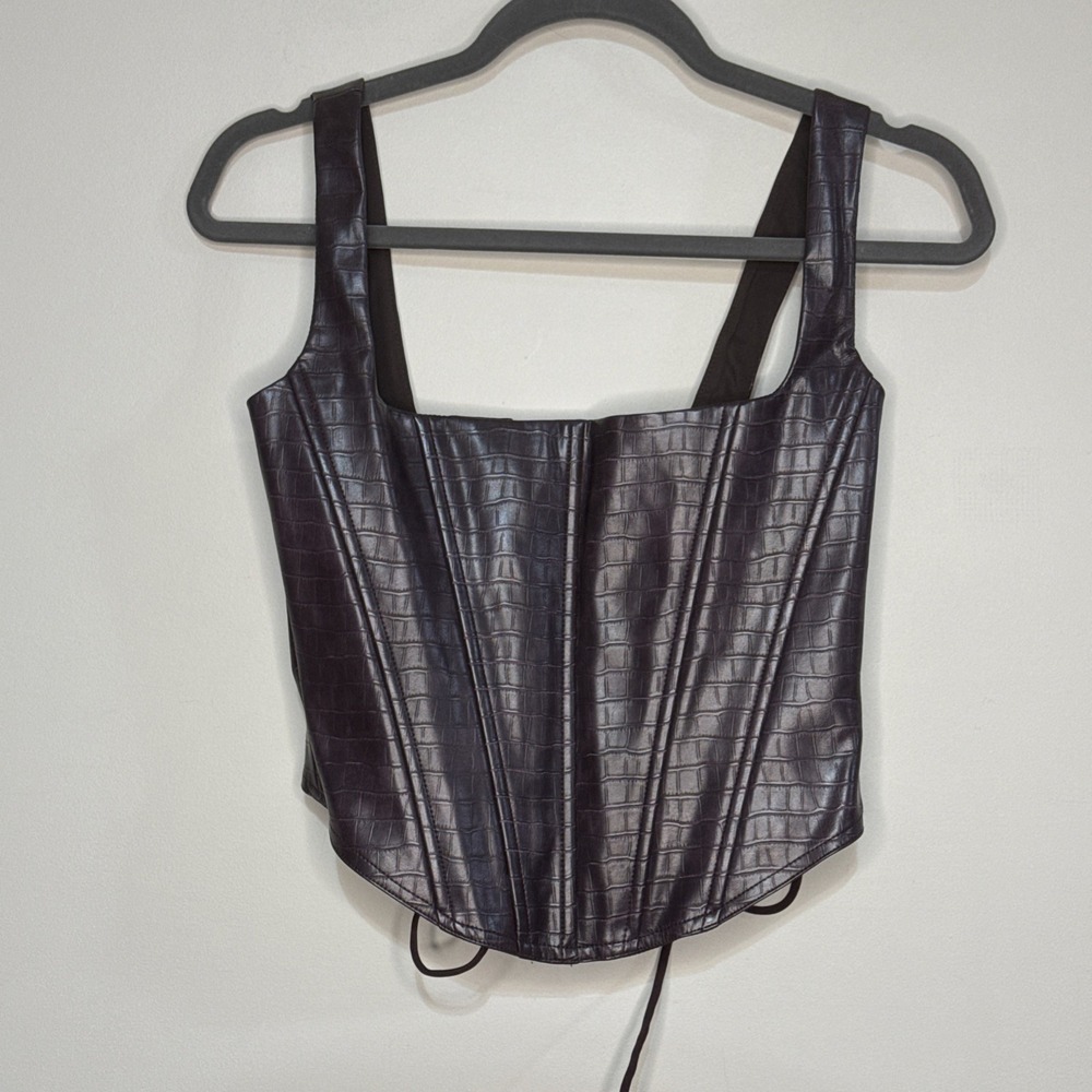 Edikted Shana Croc Embossed Faux Leather Brown Lace Corset Top Lace Up back Sz S